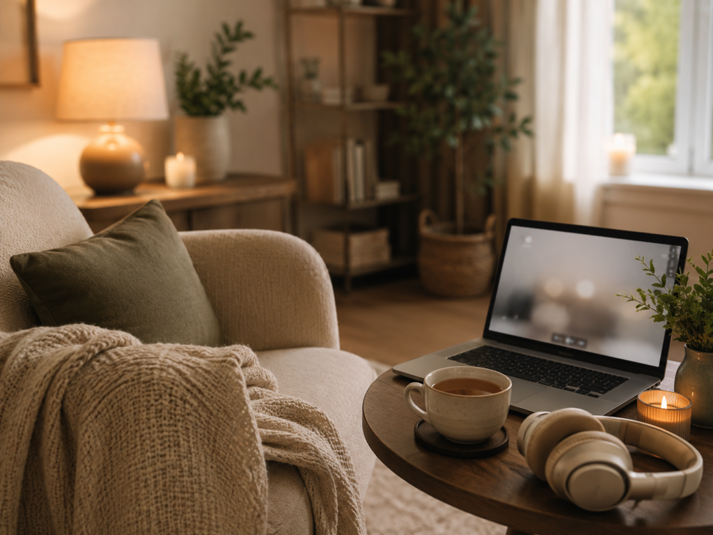 Vorbereiteter Platz für eine Online-Hypnose mit Laptop, Kopfhörern und ruhiger Atmosphäre zu Hause