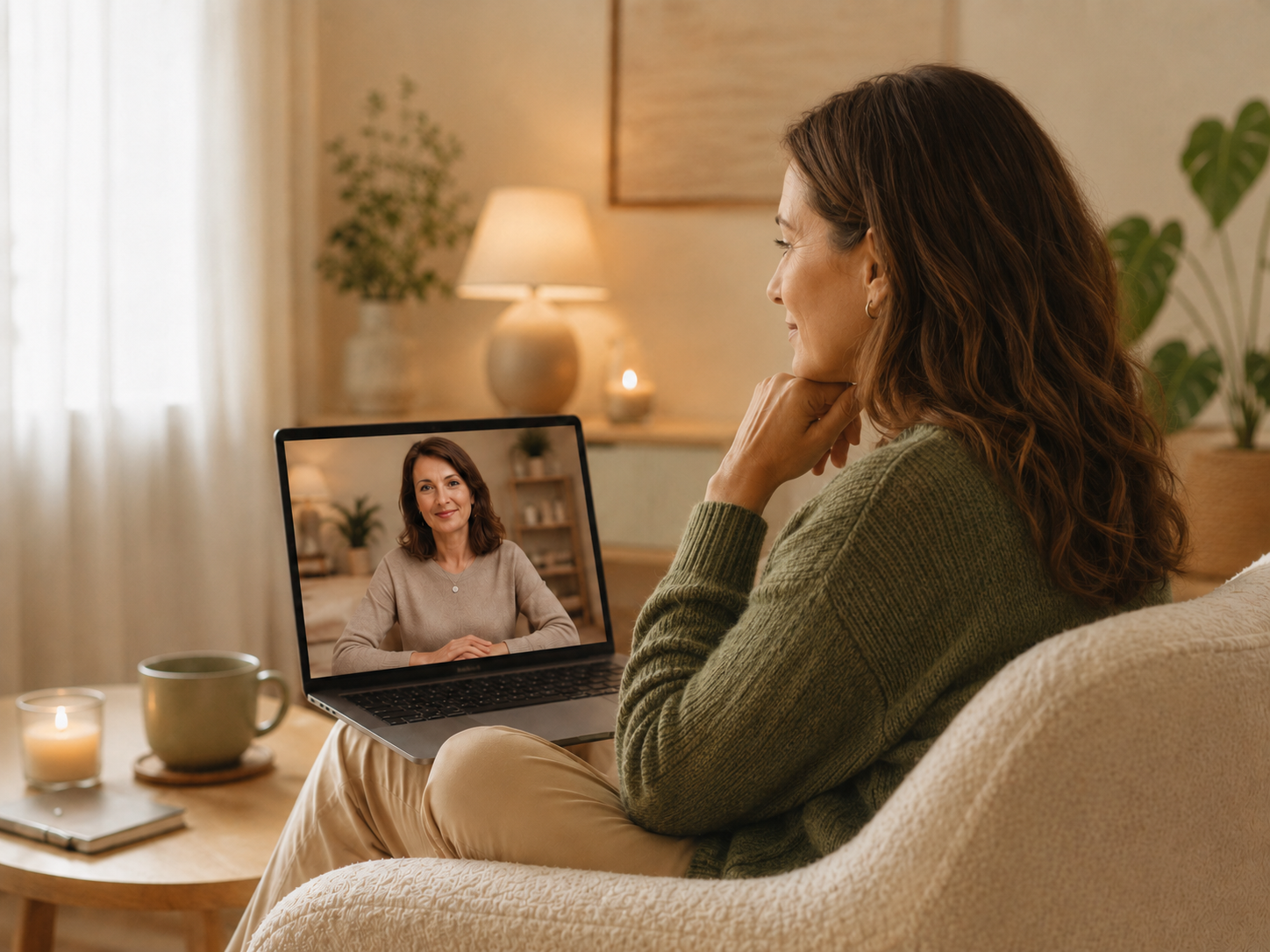 Online-Paartherapie: Paar im Gespräch in einer warmen, vertrauensvollen Beratungssituation