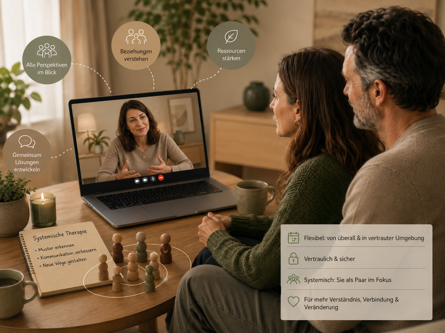Paar in einer systemischen Online-Therapie mit Psychotherapeutin Elena Rauch