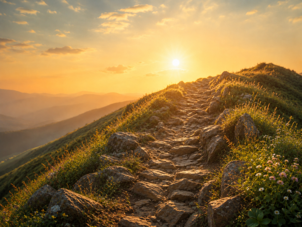 Steiniger Naturweg, der bergauf in Richtung Sonne führt – Symbol für Veränderung und persönlichen Entwicklungsweg.